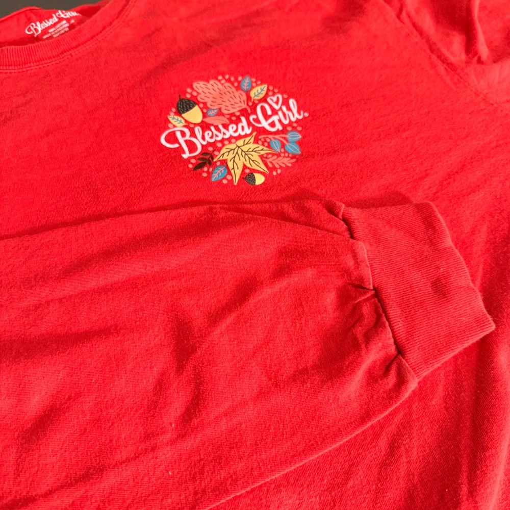 Blessed Girl Red Feeling Thankful Long Sleeve Graphic Tee Psalm 100:4 Size 2X